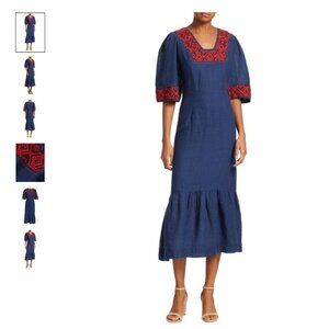 Sea New York Leah Embroidered Navy Midi Dress with Red Embroidery 100% Cotton